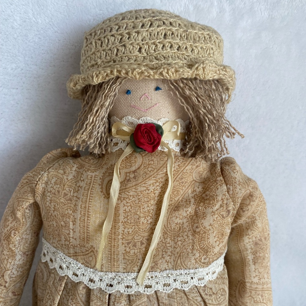 Vtg Handmade Long Rag Cloth Girl Doll Crochet Hat‎ Gloves Yellow Dress Prarie